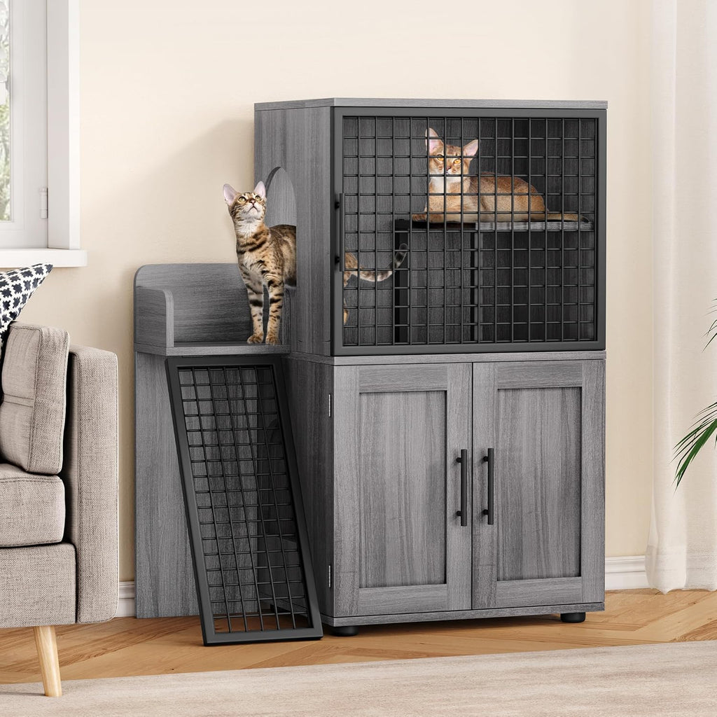 Cat Litter Box Enclosure with Platform, Double Layer Cat Litter Hidden Furniture, Large Cat Cabinet with Ladder, Wax Wood B6325