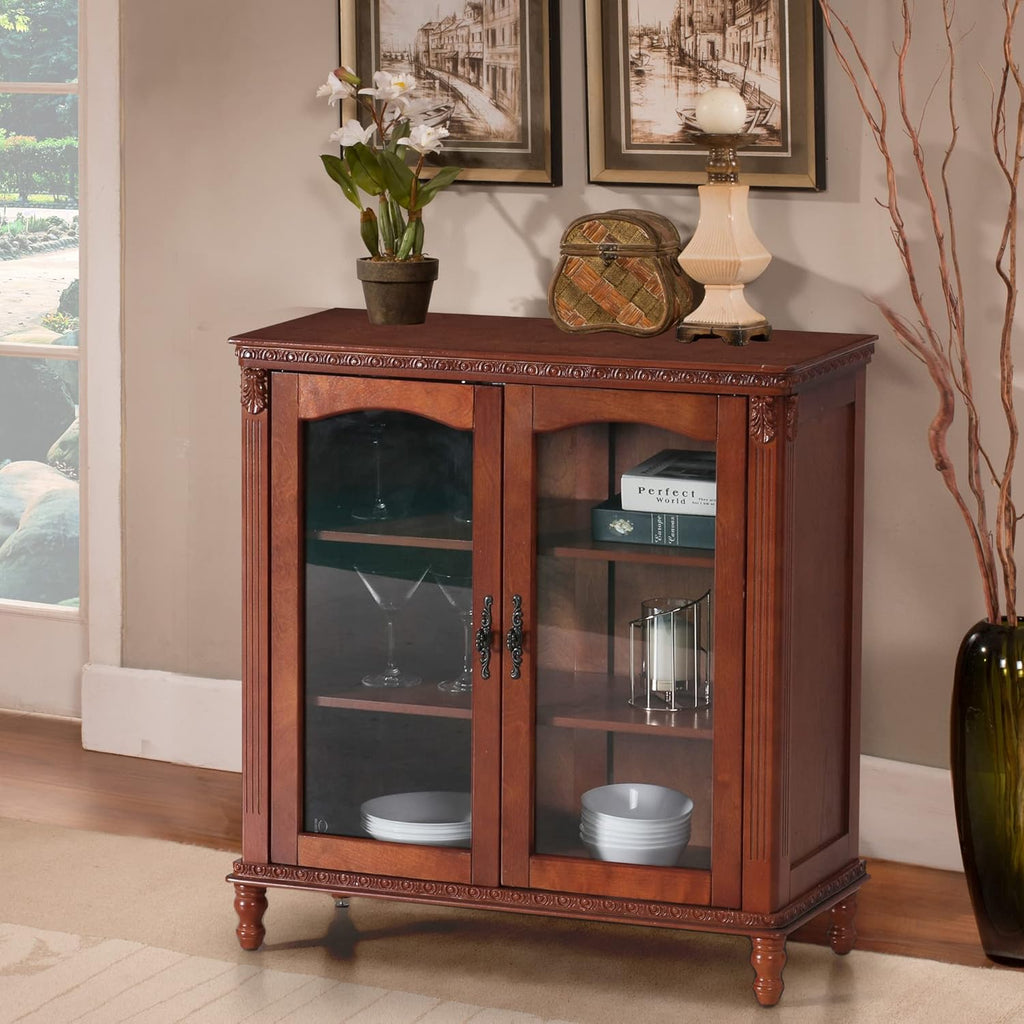 Wood Sideboard Cabinet with Glass Double Doors and Adjustable Shelves N674