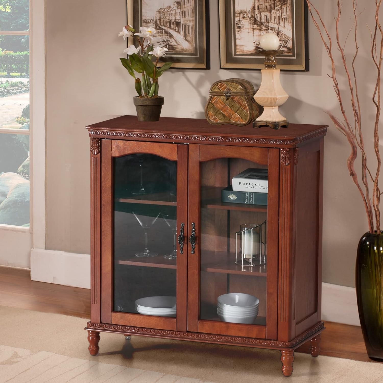 Wood Sideboard Cabinet with Glass Double Doors and Adjustable Shelves N674