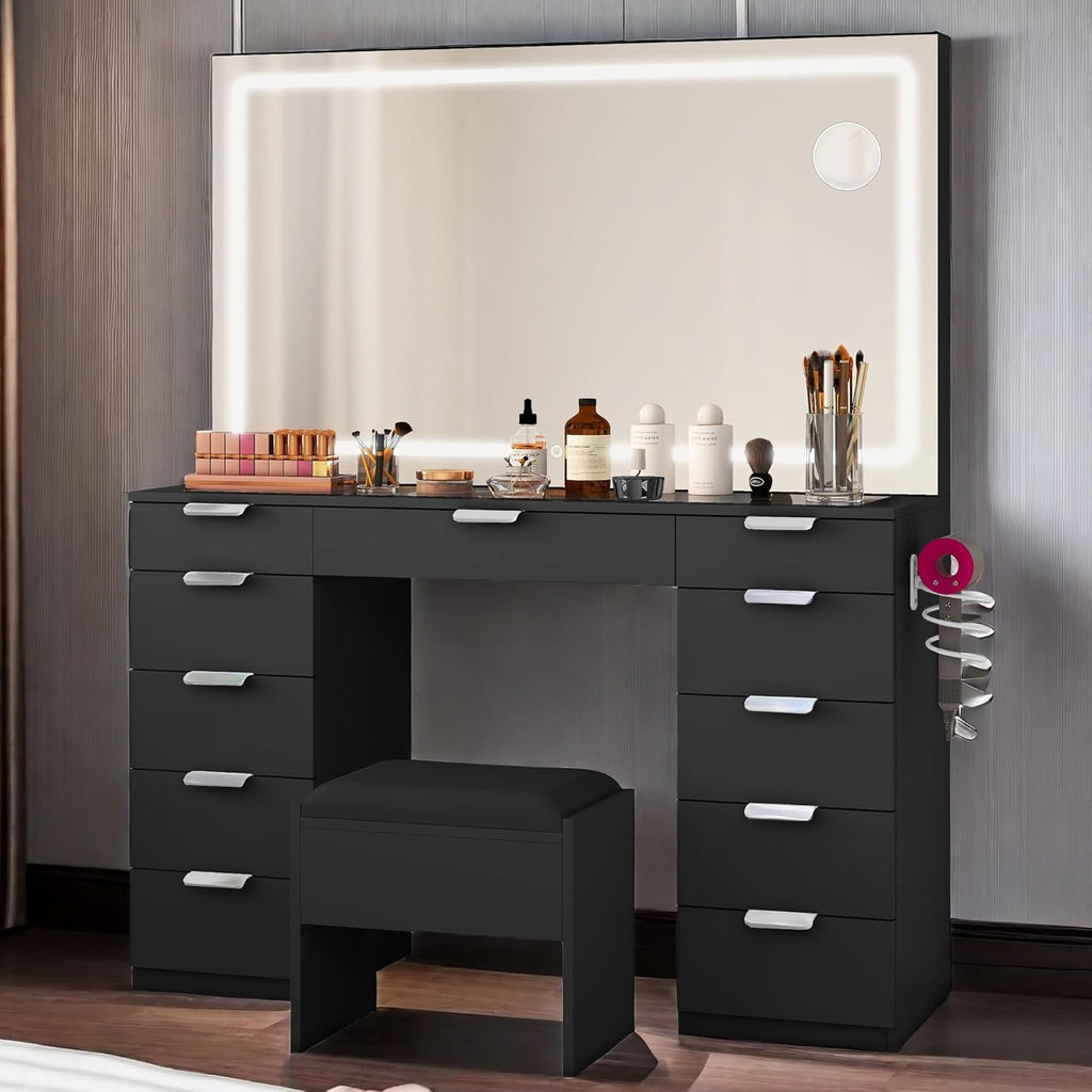 Black Vanity Desk with 11 Drawers and LED Mirror E828