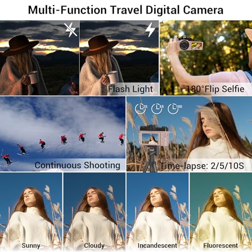56MP 16X Digital Zoom WiFi 3'' 180° Flip Screen Compact Camera with 2 Batteries 64GB Micro SD Card (Black) A100753