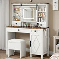 Vanity Desk with Sliding Mirror & Lights, Glass Top, 4 Drawers & Storage Cabinet, Cushioned Stool M629950