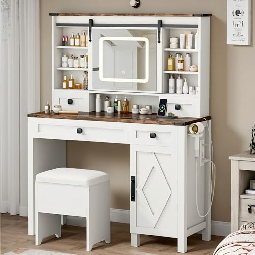 Vanity Desk with Sliding Mirror & Lights, Glass Top, 4 Drawers & Storage Cabinet, Cushioned Stool M629950