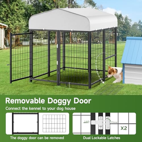 Outdoor Dog Kennel with Doggy Door, Swivel Feeder & Roof, 8x4x6 Large Heavy Duty Cage Enclosure R4757