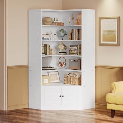 White 6 Tiers Corner Bookshelf with Door D461480