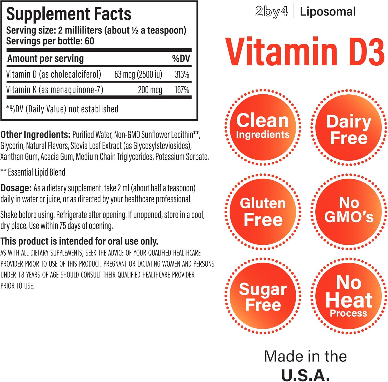 2,500 IU Liquid Vitamin D3 with K2 Supplement, 60 Servings, 4 fl oz K629