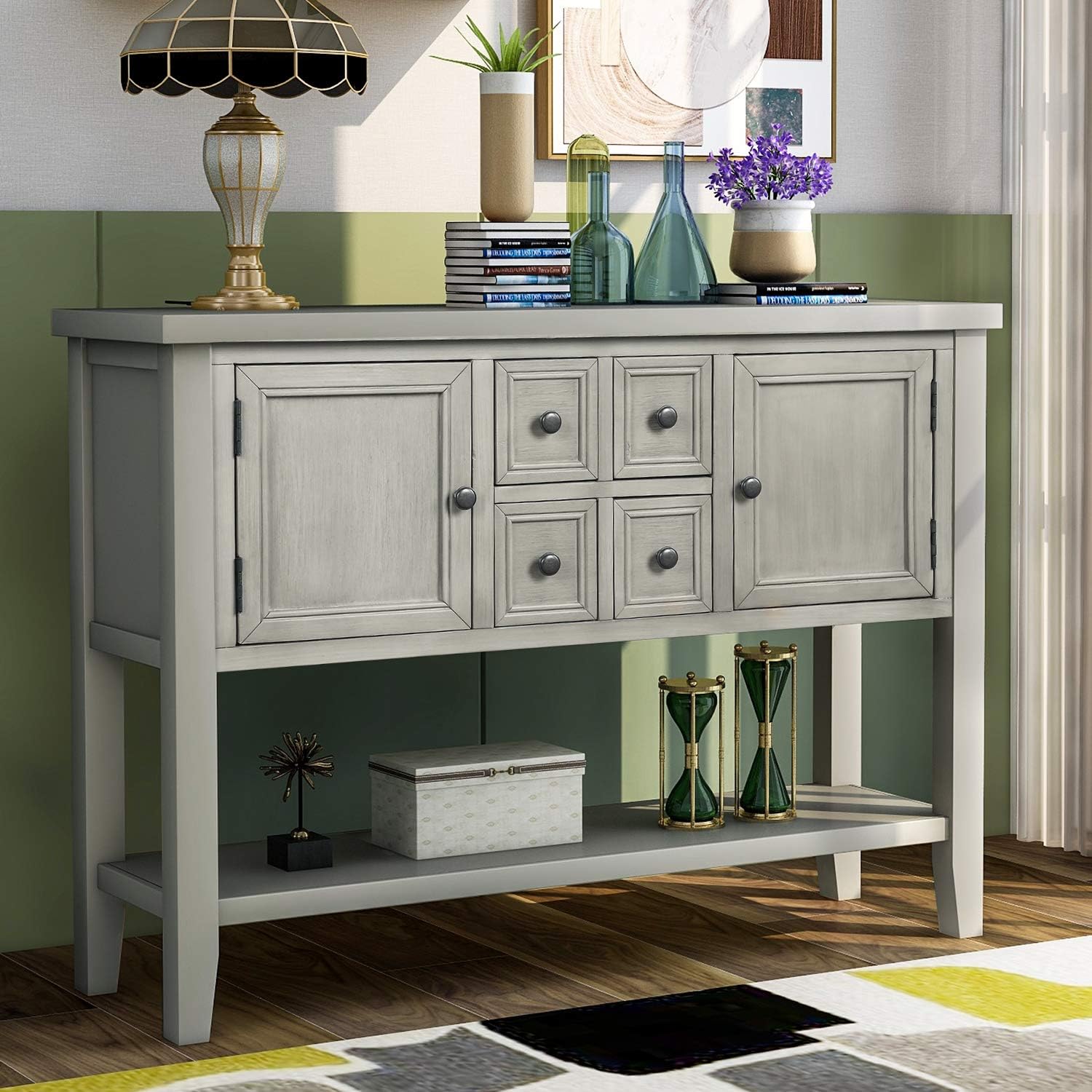 Antique Gray Solid Wood Console Table with 4 Drawers and Bottom Shelf E543