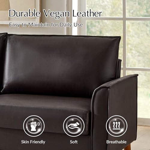 Brown Faux Leather 3-Seater Sofa with Solid Wood Legs I1454