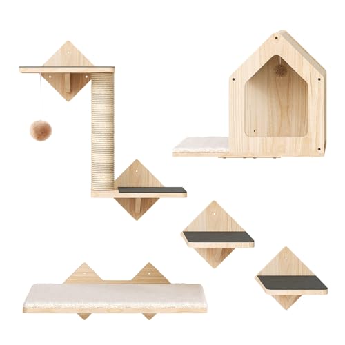 Natural Wood Cat Wall Shelves Set of 5 with House Steps Scratching Post Perch K6004