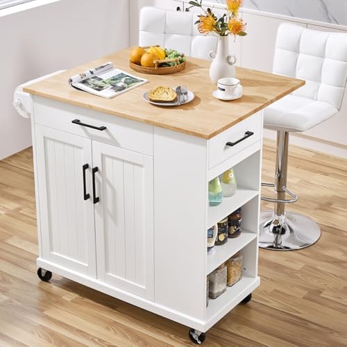 White Rolling Kitchen Island Cart with Drop Leaf, 2 Drawers H155