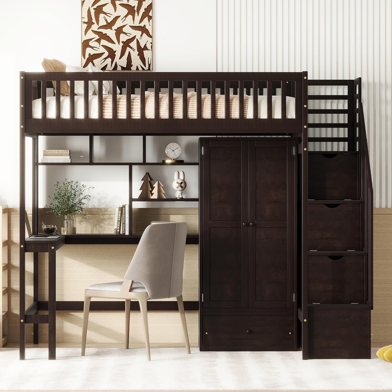 Twin Size Solid Wood Loft Bed with Stairs, Desk, Bookshelf, Drawers and Wardrobe G609