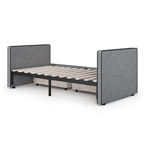 Twin Size Platform Bed Frame with 2 Storage Drawers in Gray Fabric H368