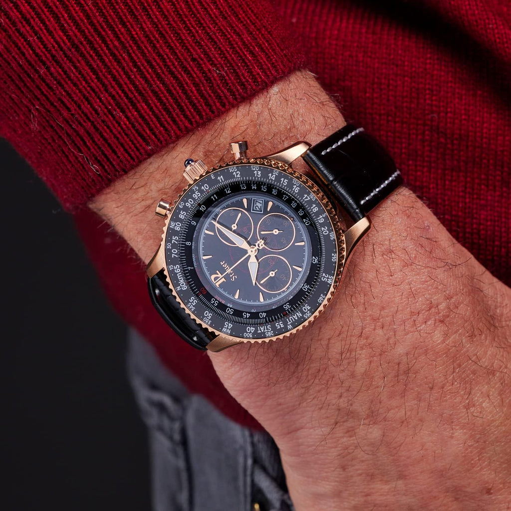 Vintage Style Chronograph Watch with Genuine Crocodile-Embossed Black Leather Band and Rose Gold Stainless Case F711