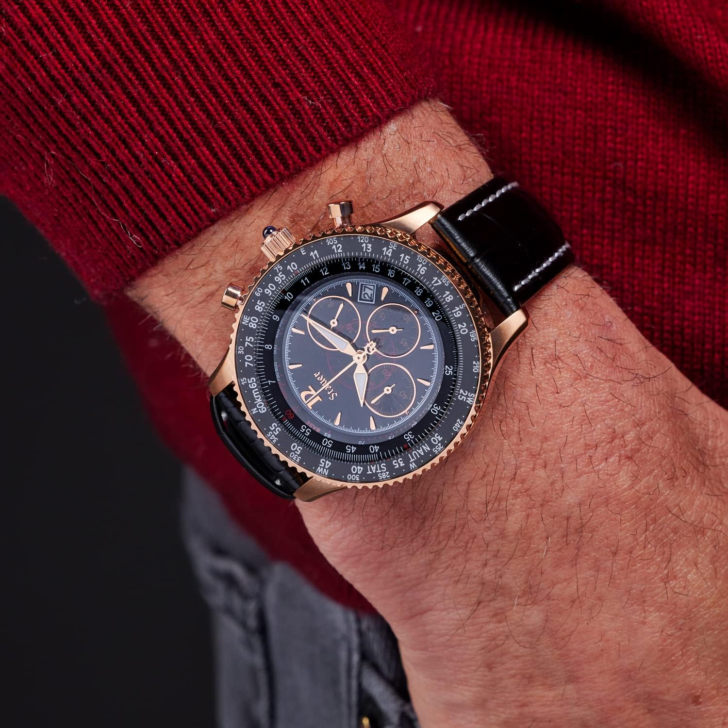 Vintage Style Chronograph Watch with Genuine Crocodile-Embossed Black Leather Band and Rose Gold Stainless Case F711