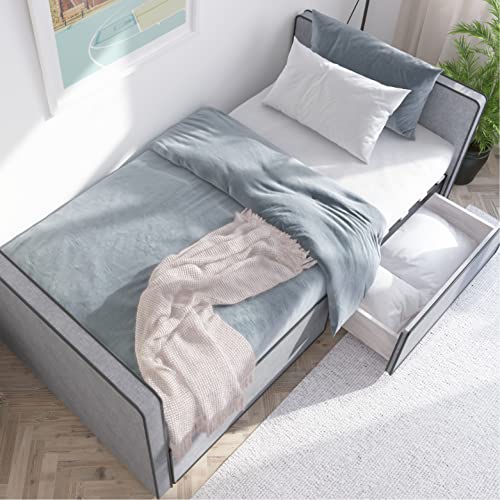 Twin Size Platform Bed Frame with 2 Storage Drawers in Gray Fabric H368
