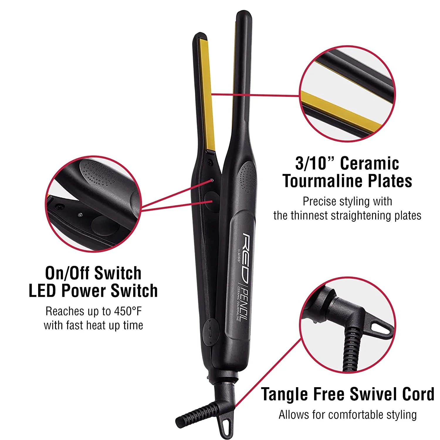 Red 0.3" Ceramic Tourmaline Pencil Flat Iron Hair Straightener M6810