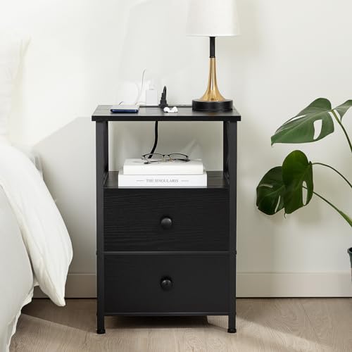 Dark Grey Nightstand Set 2 with Fabric Drawers and Charging Station A657577