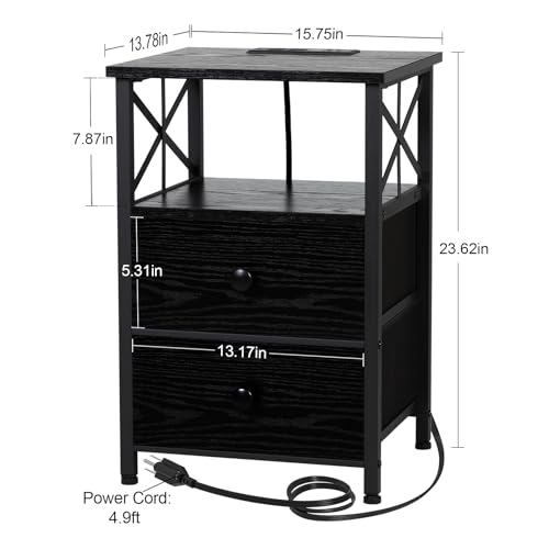 Dark Grey Nightstand Set 2 with Fabric Drawers and Charging Station A657577