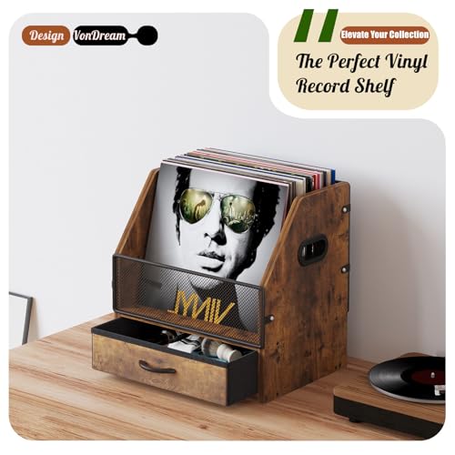 Antique Metal Wooden Vinyl Record Storage with Drawer, Holds up to 60 Records X375