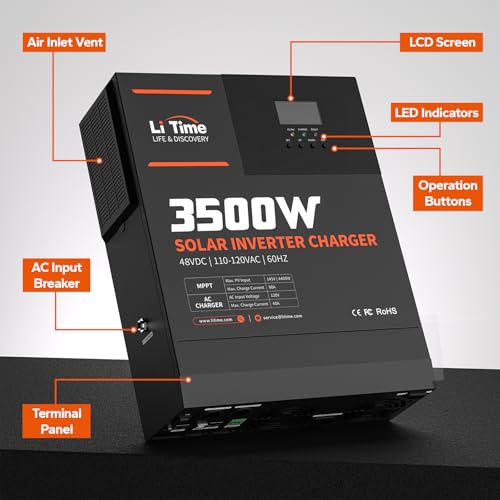 3500W Pure Sine Wave Solar Inverter Charger, 48V DC to 120V AC, Built in 80A MPPT Charge Controller J893