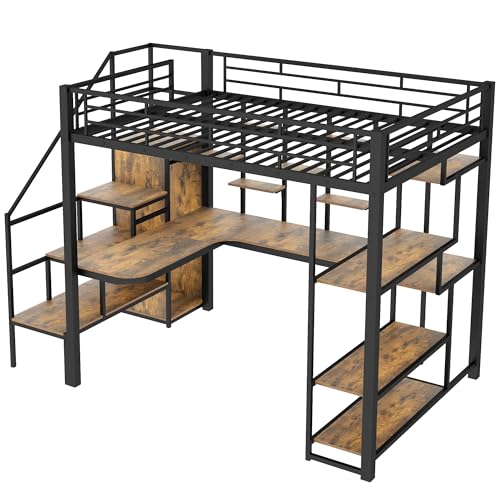 White Full Size Metal Loft Bed with Storage Staircase and Wardrobe X625827