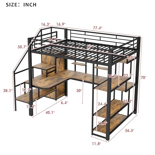 White Full Size Metal Loft Bed with Storage Staircase and Wardrobe X625827