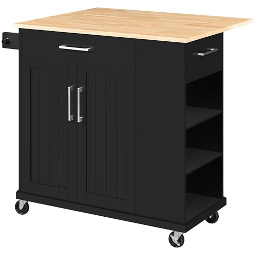 White Rolling Kitchen Island Cart with Drop Leaf, 2 Drawers H155