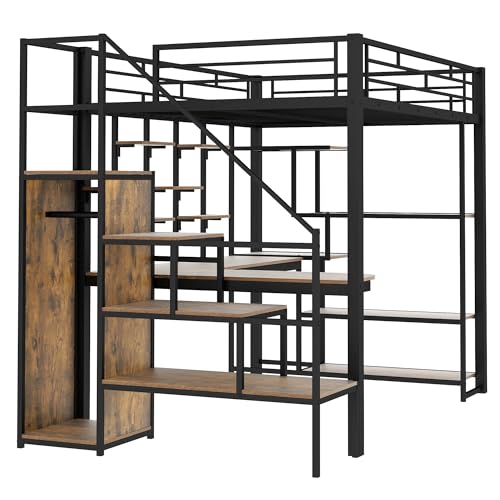 White Full Size Metal Loft Bed with Storage Staircase and Wardrobe X625827