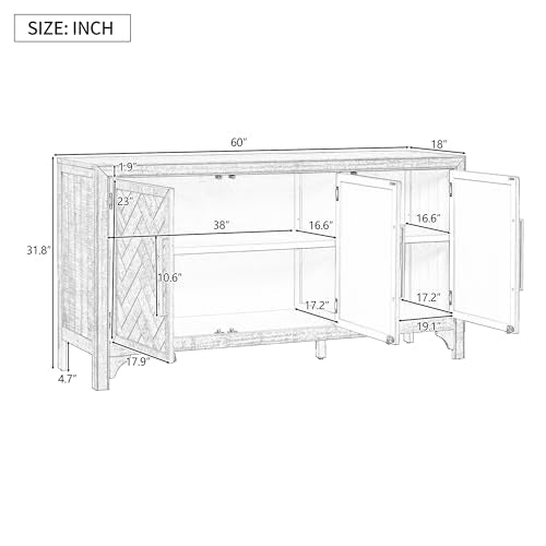 Gray 60" Sideboard Cabinet with 3 Doors and Adjustable Shelves Y57408