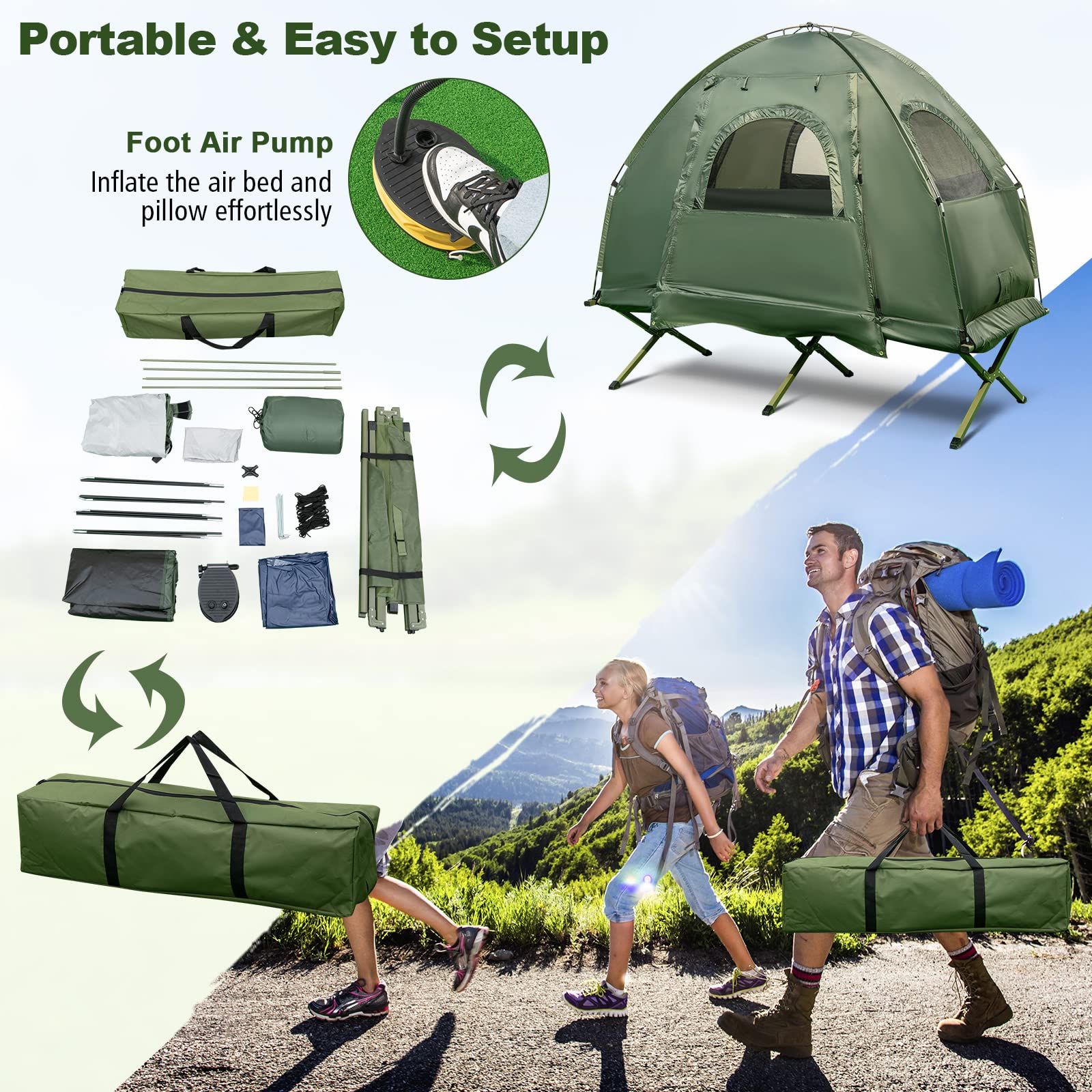 1-Person 5-in-1 Tent Cot with Air Mattress, Sleeping Bag, Carrying Bag W242