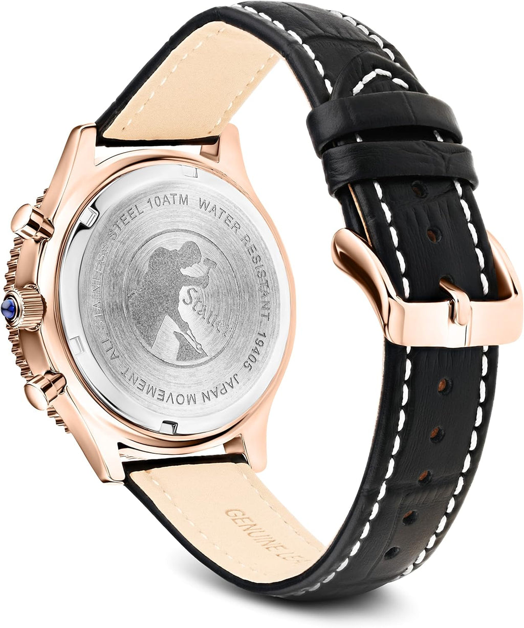 Vintage Style Chronograph Watch with Genuine Crocodile-Embossed Black Leather Band and Rose Gold Stainless Case F711