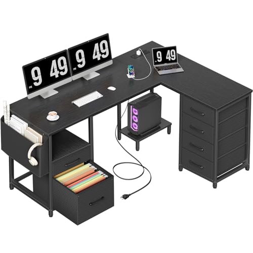 Black L Shaped Corner Computer Desk with 6 Fabric Drawers Y819