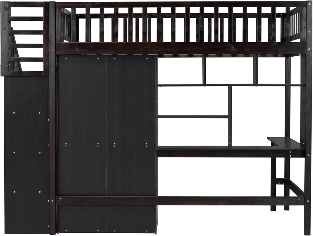 Twin Size Solid Wood Loft Bed with Stairs, Desk, Bookshelf, Drawers and Wardrobe G609