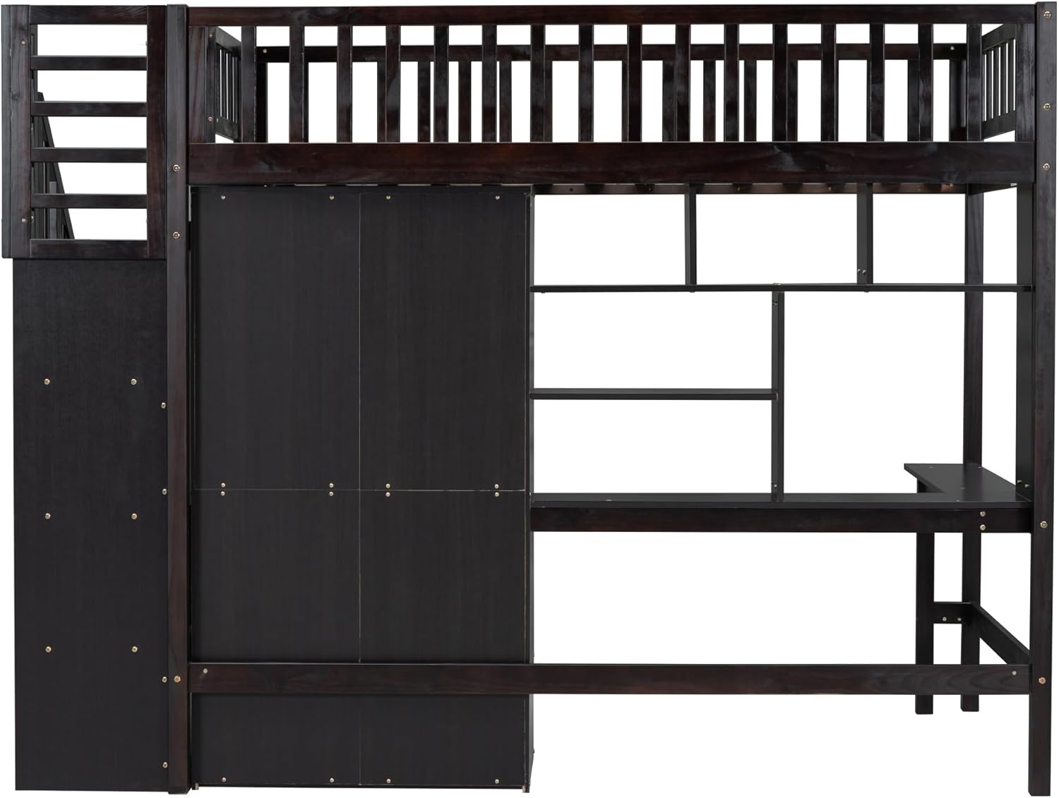 Twin Size Solid Wood Loft Bed with Stairs, Desk, Bookshelf, Drawers and Wardrobe G609