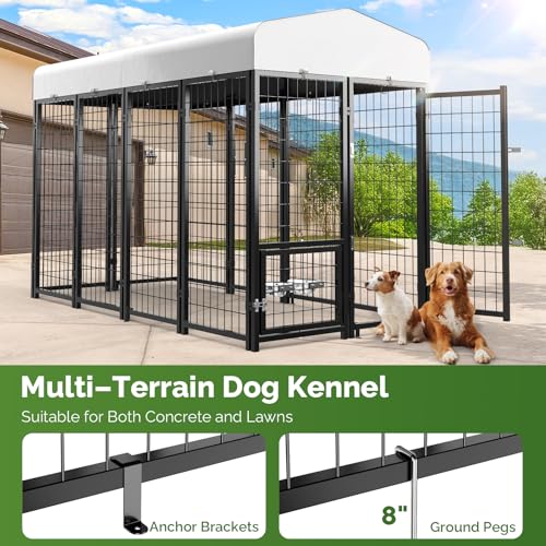 Outdoor Dog Kennel with Doggy Door, Swivel Feeder & Roof, 8x4x6 Large Heavy Duty Cage Enclosure R4757