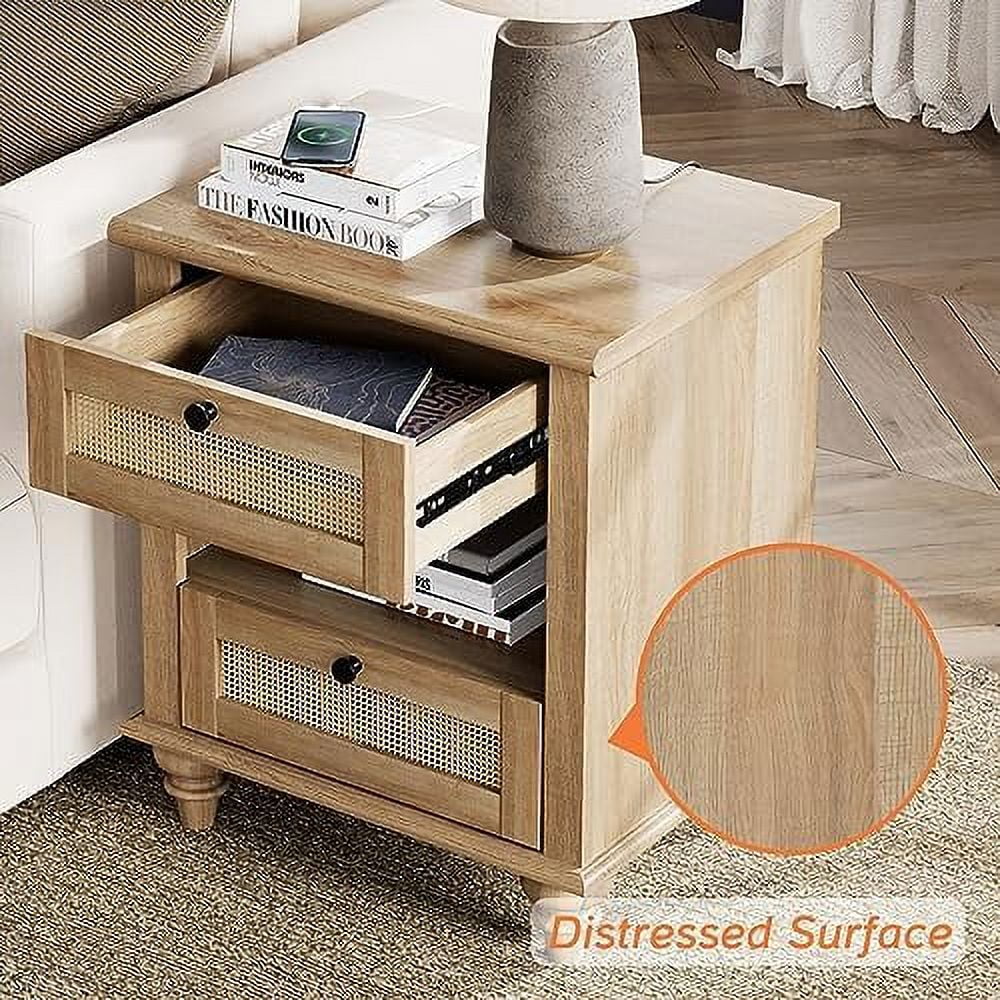 Natural Wood Rattan Nightstand with 2 Drawers R62860