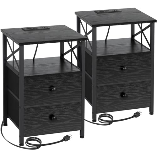 Dark Grey Nightstand Set 2 with Fabric Drawers and Charging Station A657577