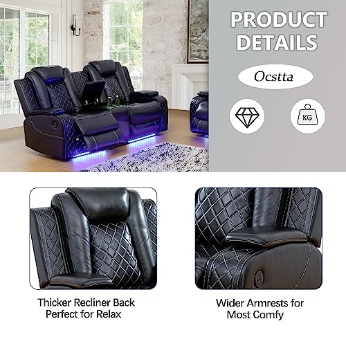 3 Piece Cream White Leather Recliner Sofa Set with LED Lights W304022