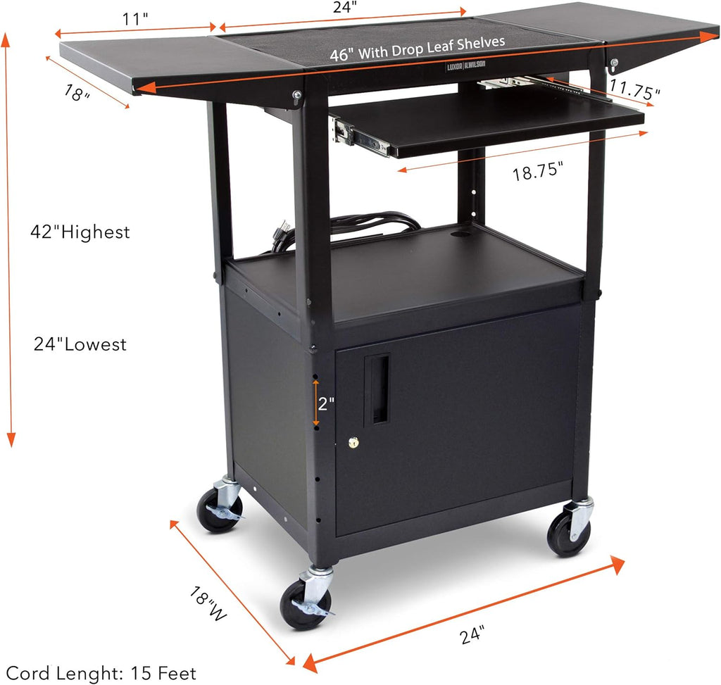 Black Height Adjustable Utility Cart with Locking Cabinet and Drop Leaves E329