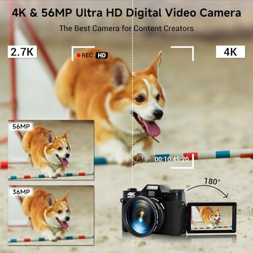 56MP 16X Digital Zoom WiFi 3'' 180° Flip Screen Compact Camera with 2 Batteries 64GB Micro SD Card (Black) A100753