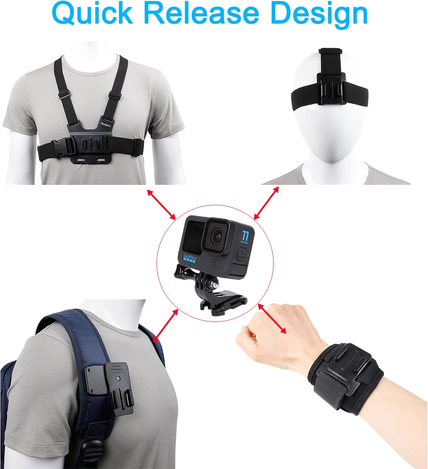 Quick Release Head Strap Mount + Chest Mount Harness + Backpack Clip Holder + 360° Rotating Wrist Strap R416