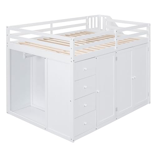 Gray Wood Loft Bed with Stairs and Wardrobe A716898