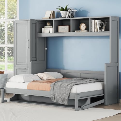 Gray Murphy Cabinet Storage Wall Bed with Closet and Drawers and Built-in Top Shelf R4609