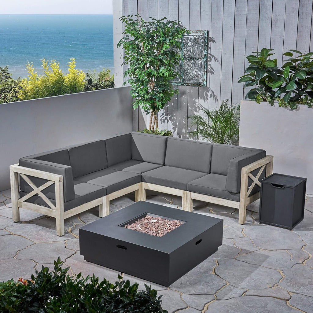 Weathered Gray and Dark Gray Acacia Wood 5 Seater Sectional Sofa Set with Fire Pit V882118