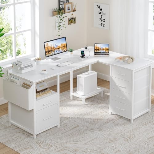 Black L Shaped Corner Computer Desk with 6 Fabric Drawers Y819