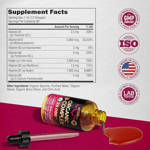 USDA Organic Vitamin B12 Sublingual Drops 5000 mcg Liquid Vegan Methylcobalamin 2 fl oz U402444