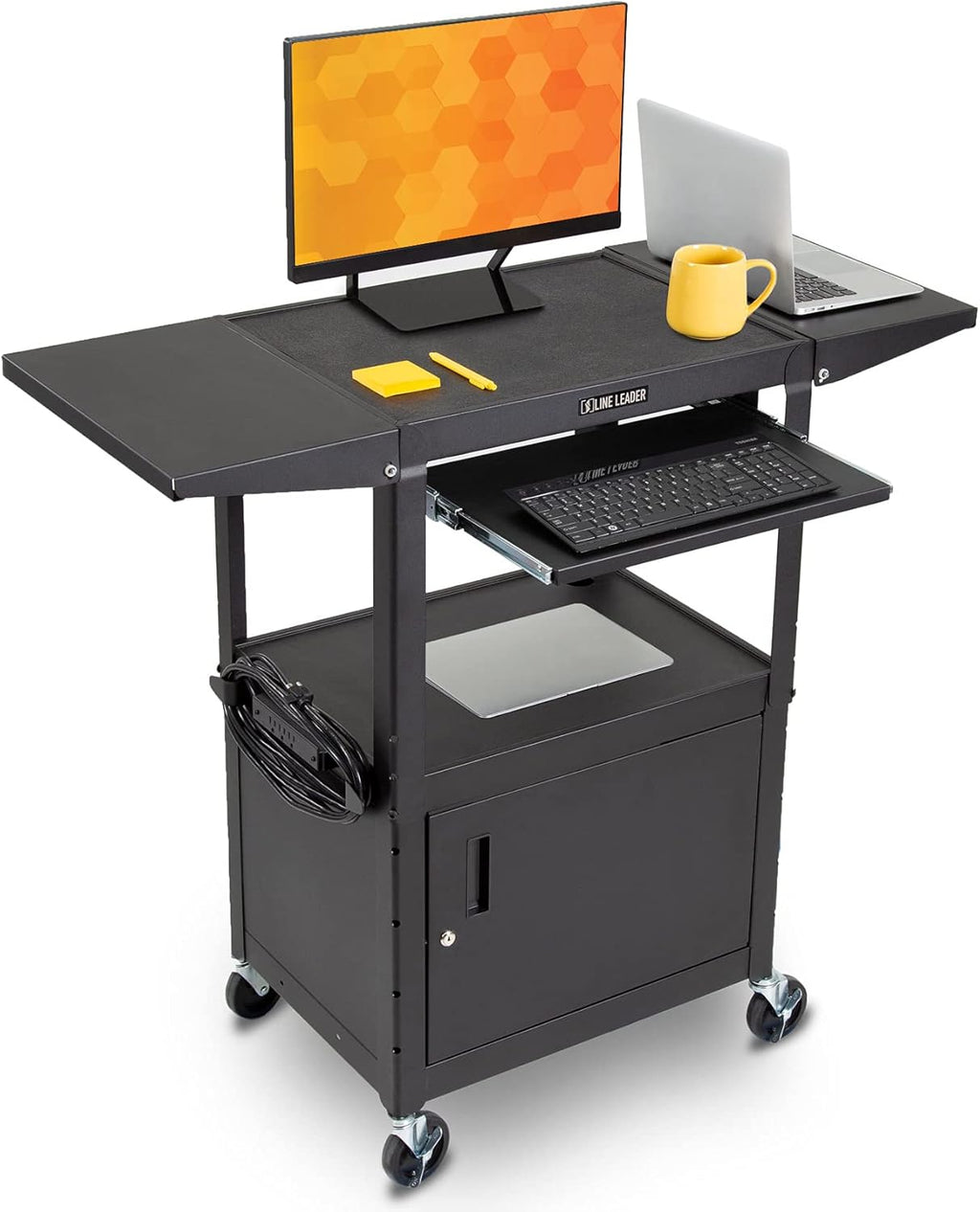 Black Height Adjustable Utility Cart with Locking Cabinet and Drop Leaves E329