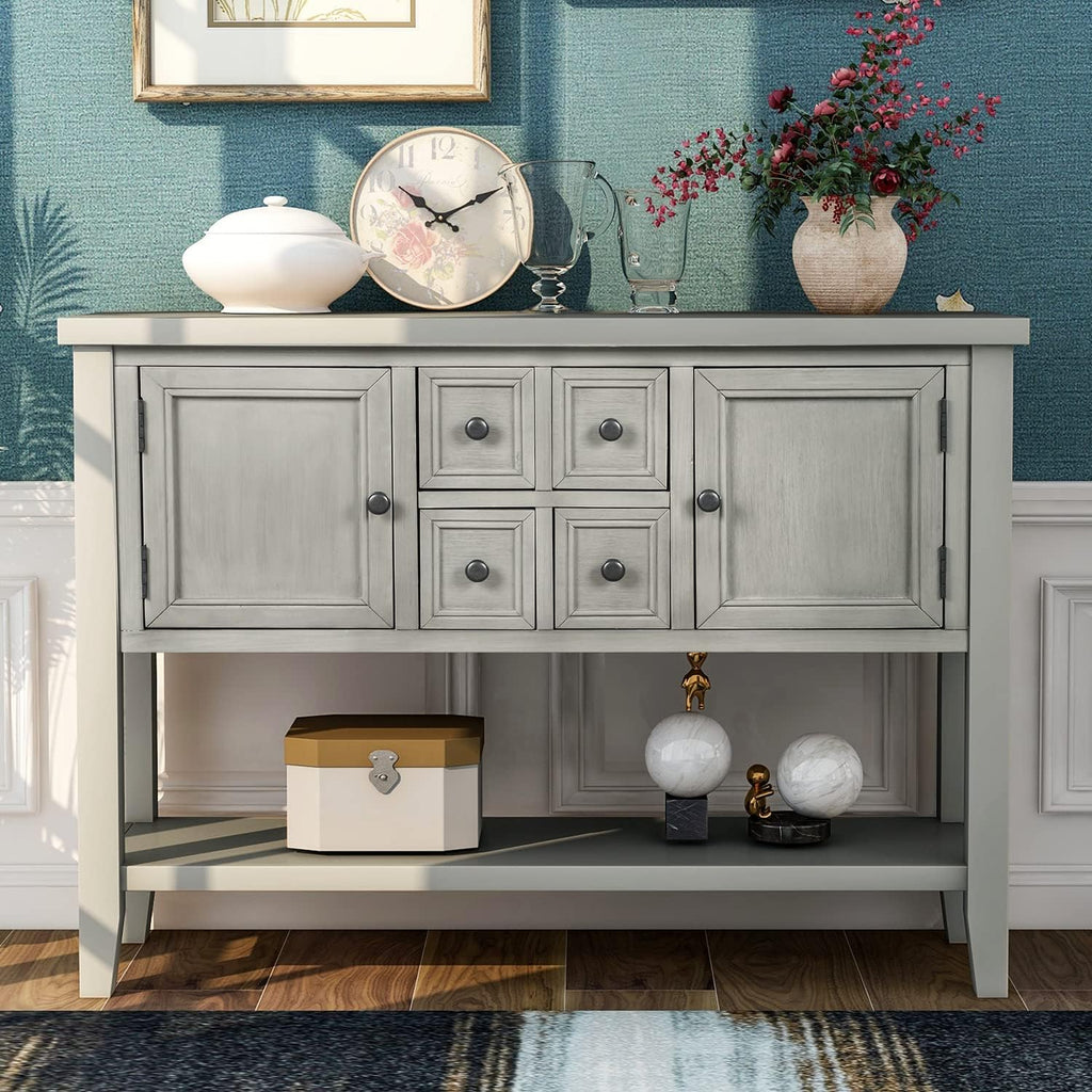 Antique Gray Solid Wood Console Table with 4 Drawers and Bottom Shelf E543