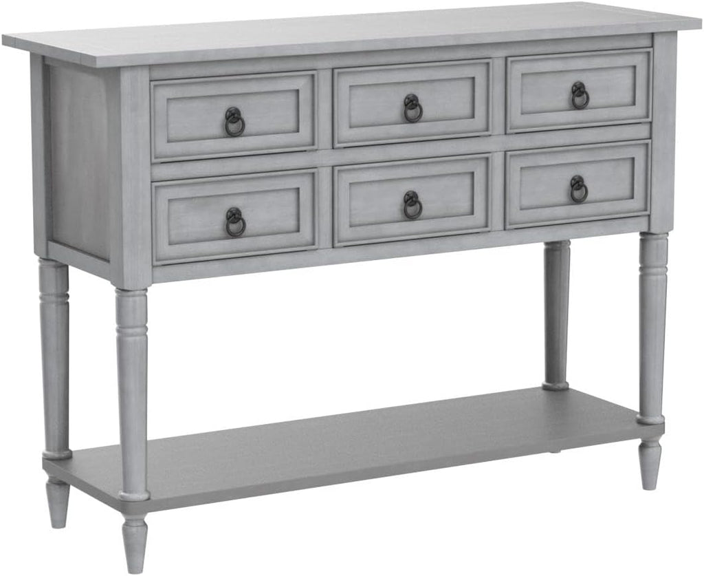 Antique Gray Solid Wood Console Table with 4 Drawers and Bottom Shelf E543