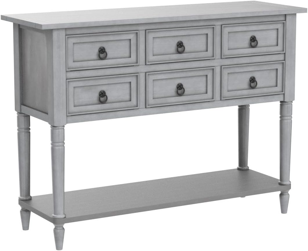 Antique Gray Solid Wood Console Table with 4 Drawers and Bottom Shelf E543